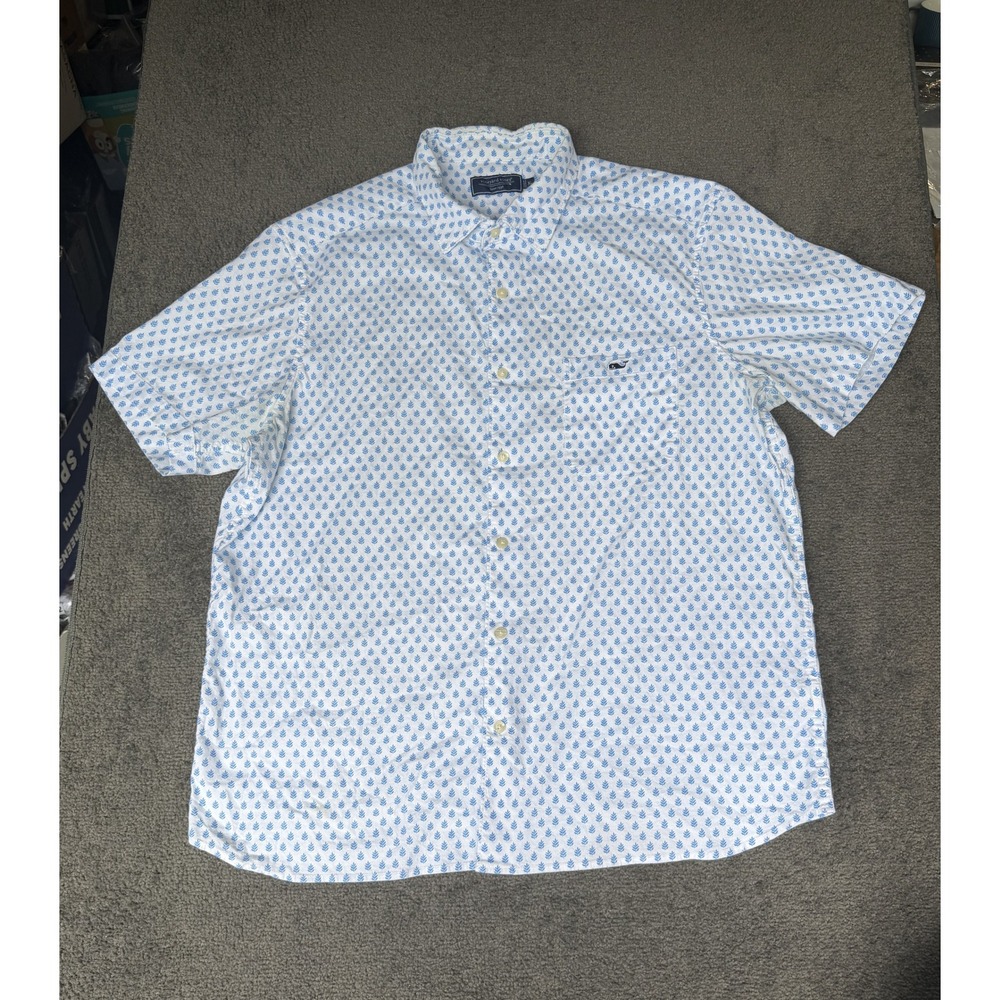 Vineyard Vines Mens XL Short Sleeve Button Down Shirt Blue Leaf Print Stretch